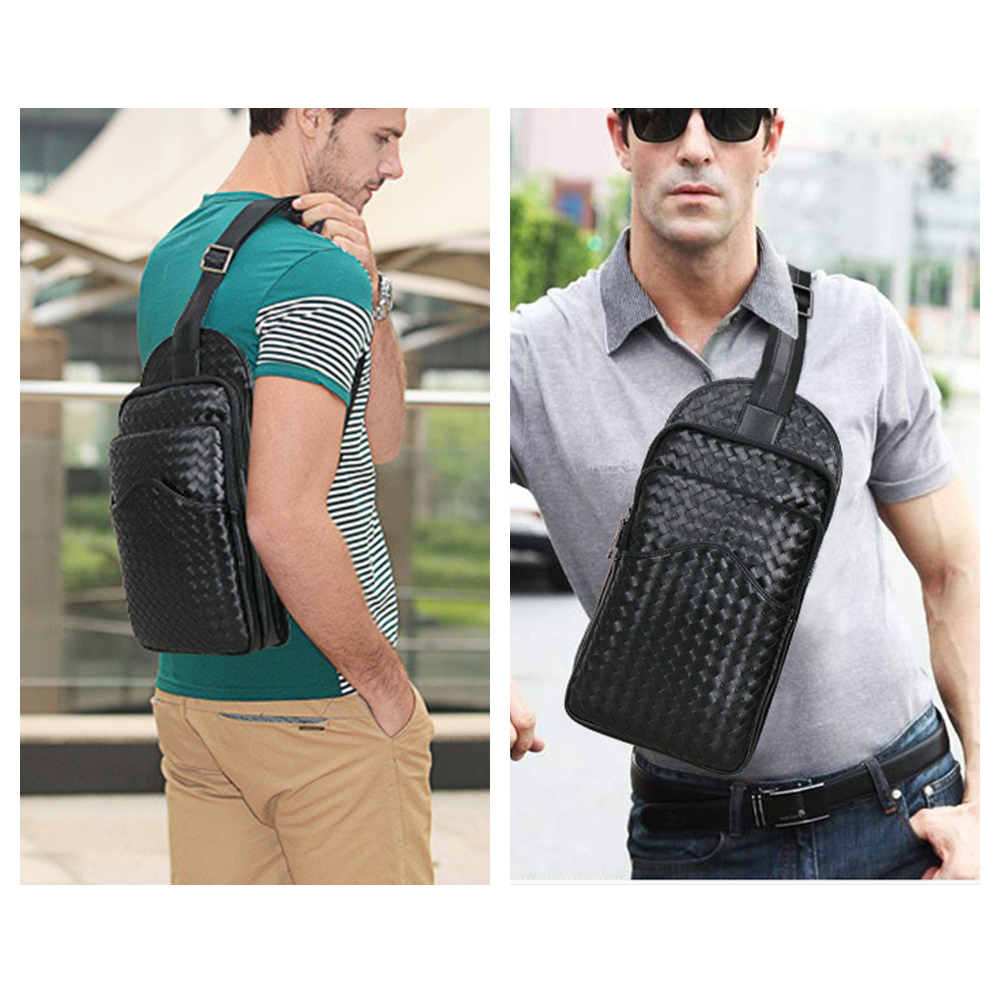 Whatna牛革 手作り編み込み 斜めがけ ボディバッグ ワンショルダー メンズ 本 革 厚手  レザー 黒 5004 4