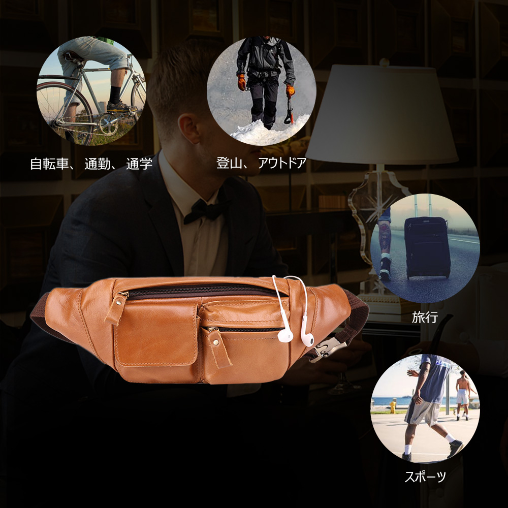 Whatna牛革 ウエストポーチ ウエストバッグ メンズ ミニショルダーバッグ イヤホン穴付き 男女兼用 本革 斜めがけ ボディバッグ ワンショルダー 軽量 茶 ブラウン6448 7