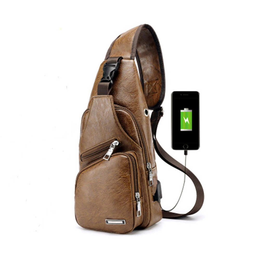 Whatna 2way 革 ボディバッグ・ワンショルダーバッグ メンズ  斜め掛け イヤホン穴付 USBポート付き ipadmini収納可  軽量 スポーツバッグ 撥水  自転車 サイクリング ツーリング アウトドア 遠足 旅行 通勤 通学 黒 ブラウン（615） 1