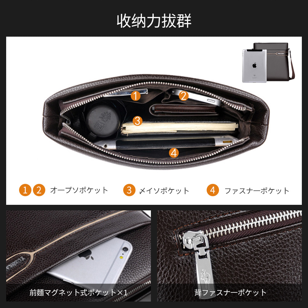 Whatna 2way革 ショルダーバッグ メンズ  ポシェット縦型iPad 収納可 人気型 耐久性 革 レザー 縦型 ビジネスバッグ メッセンジャーバッグ 斜め掛け黒 ブラック ブラウン全2色（HA-043） 5