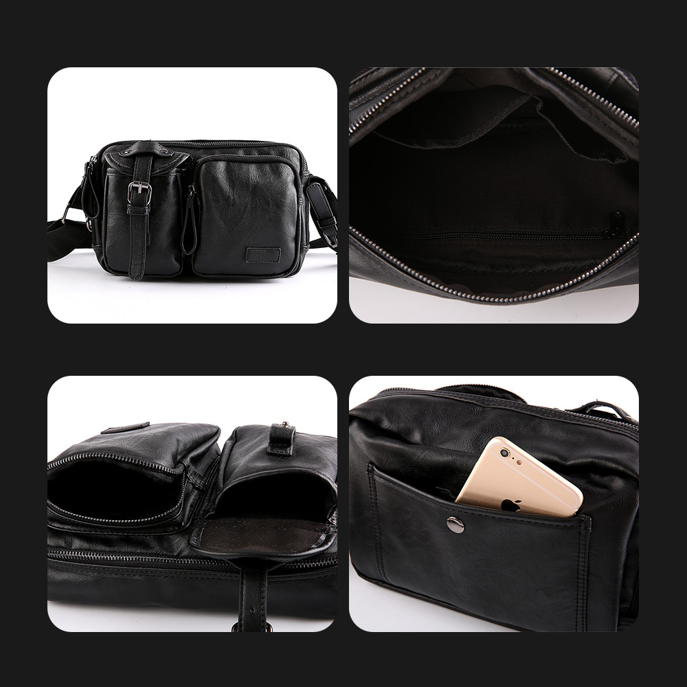 Whatnaミニショルダーバッグ メンズ ポシェット 横型 ショルダーミニポーチ 革 軽量 小型 人気型 耐久性 小さめメッセンジャーバッグ斜め掛け ビジネス 通学 通勤鞄 軽量 実用 自転車 かばん男性用 黒 (9188) 2