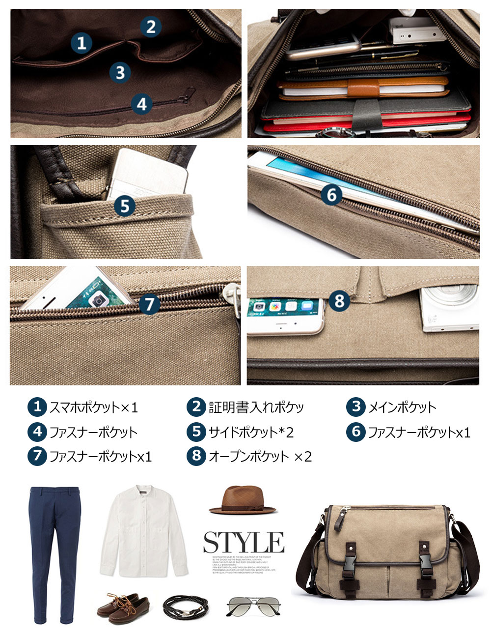 Whatna ショルダーバッグ メンズ メッセンジャーバッグ 帆布 A4 サイズ 収納 通学 通勤鞄 軽量 実用 自転車 かばん男性用（573） 8