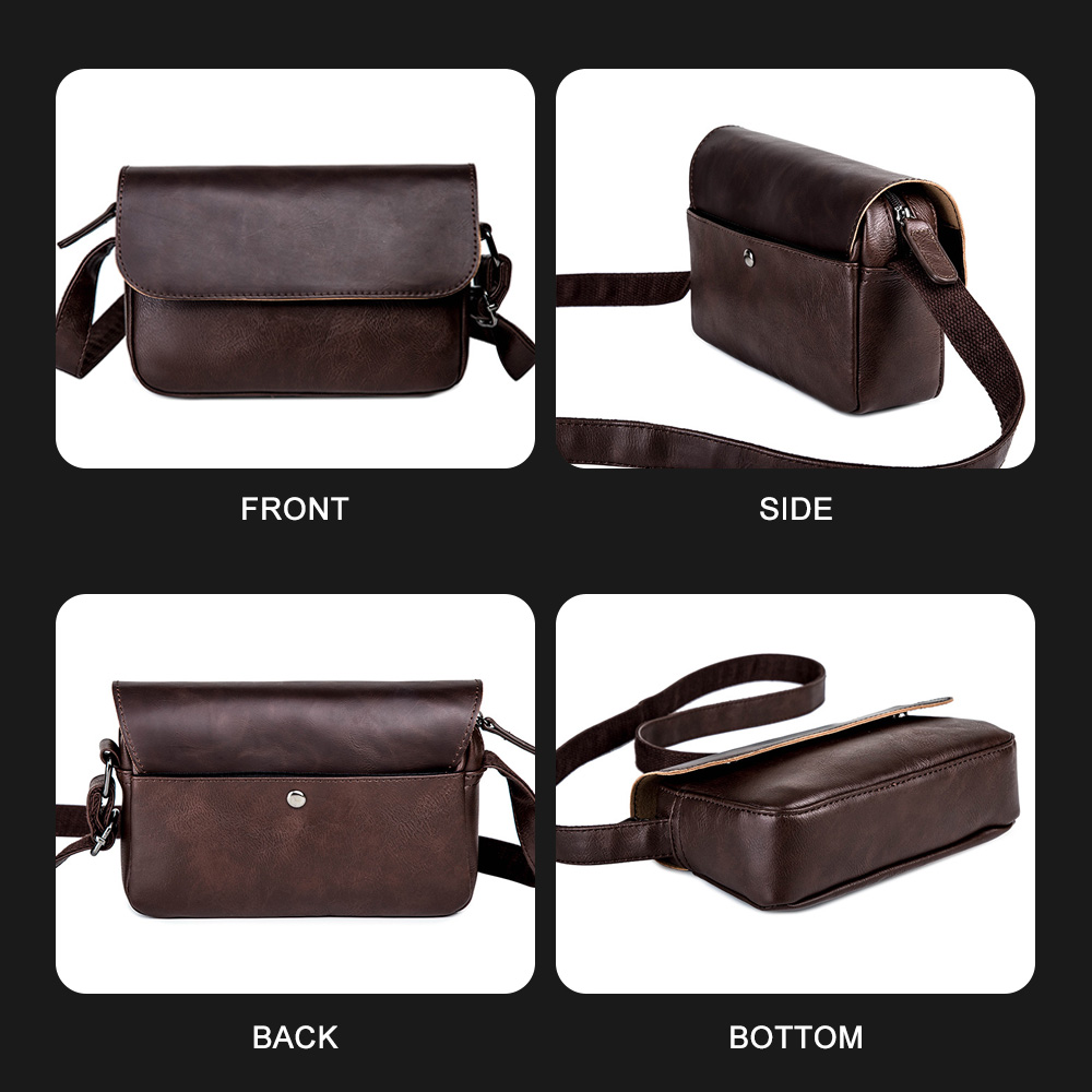 Whatnaフラップ ミニショルダーバッグ メンズ ポシェット 横型 ショルダーミニポーチ 革 軽量 小型 人気型 耐久性 小さめメッセンジャーバッグ斜め掛け ビジネス 通学 通勤鞄 軽量 実用 自転車 かばん男性用 ブラウン 黒 (5209) 3