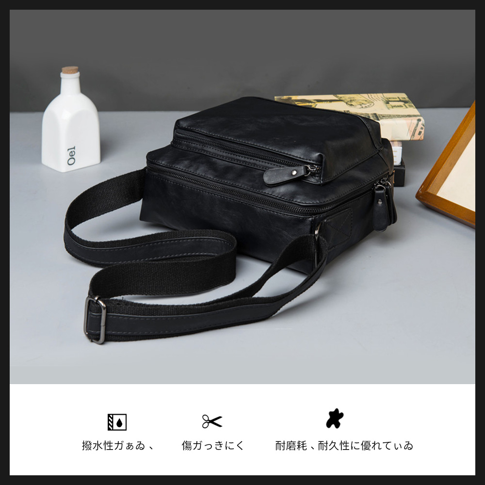 Whatnaミニショルダーバッグメンズ ポシェット横型 9.7インチipad収納可 ショルダーミニポーチ 革 小型 小さめメッセンジャーバッグ斜め掛け ビジネス 通学 通勤鞄 自転車 かばん男性用 黒 (6743) 1