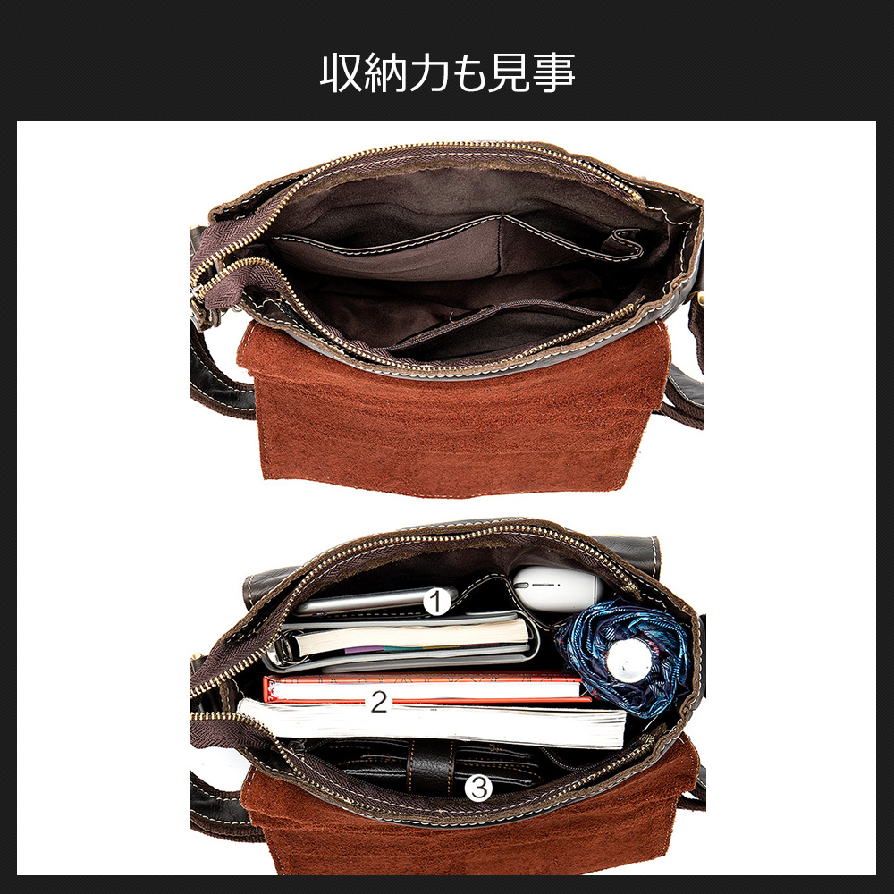 Whatna 牛革ショルダーバッグ メンズ メッセンジャーバッグ 縦型 小さめ ビジネスバッグ 9.7インチipad収納可 本 革通勤 通学 斜めがけバッグ オシャレ な シンプル な 実用 自転車 かばん男性用 ブラウン 茶(9040) 3