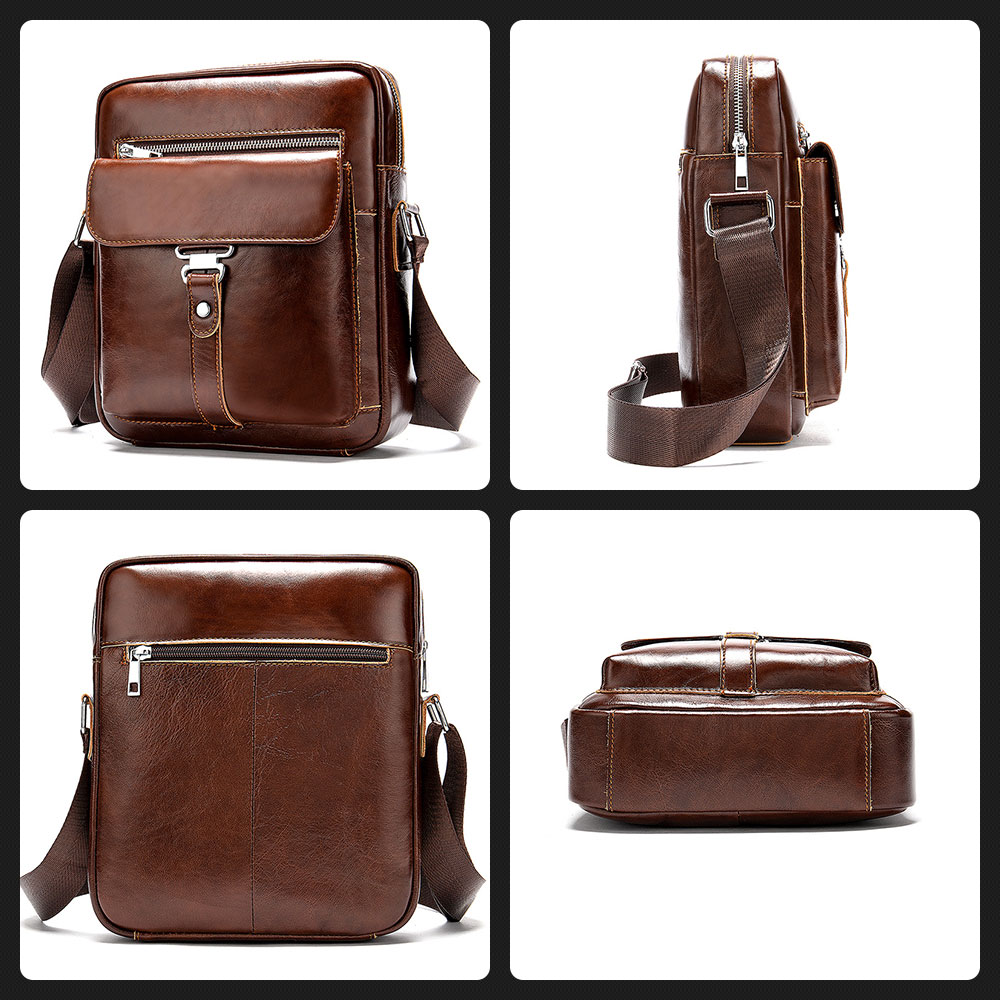 Whatna  牛革ショルダーバッグ メンズ メッセンジャーバッグ 縦型 小さめ ビジネスバッグ 9.7インチipad収納可 本革 通勤 通学 斜めがけバッグ オシャレ な シンプル な 軽量 実用 自転車 かばん男性用 ブラウン 黒（8516） 2