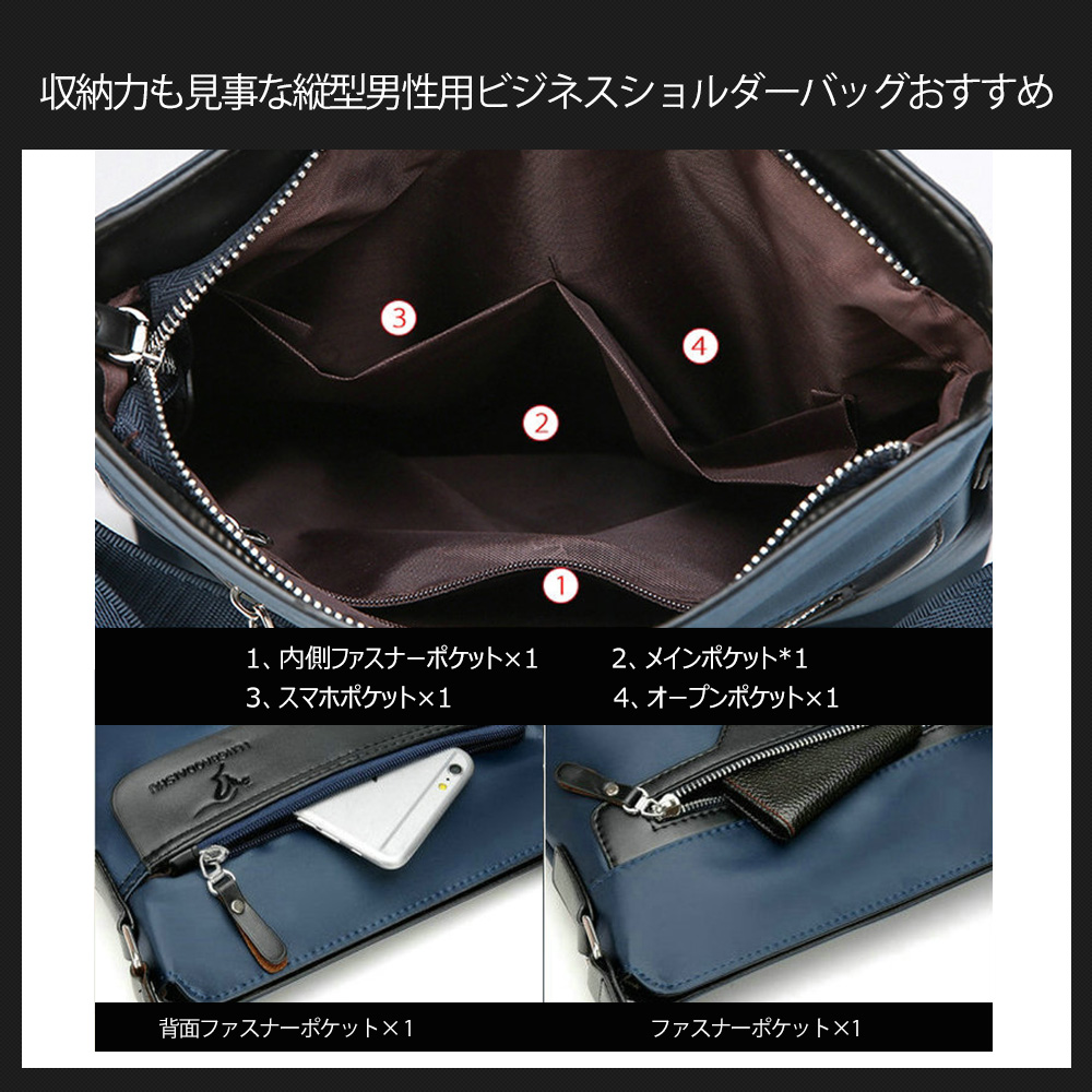 Whatnaショルダーバッグ メンズ メッセンジャーバッグ 縦型 B5 9.7インチipad収納可 オックスフォード布 防水 耐磨耗 ビジネスバッグ 小さい 斜めがけ バッグ 男性用 紳士用 黒 ブルー（6606#） 4