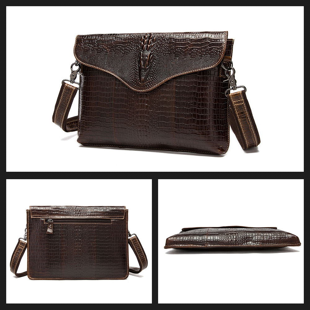 Whatna 牛革 クロコダイル型押しショルダーバッグ メンズ メッセンジャーバッグ 横型A4 ビジネスバッグ 本革 通勤 通学 斜めがけバッグ オシャレ な シンプル な 実用 自転車 かばん男性用 ブラウン(9113) 1