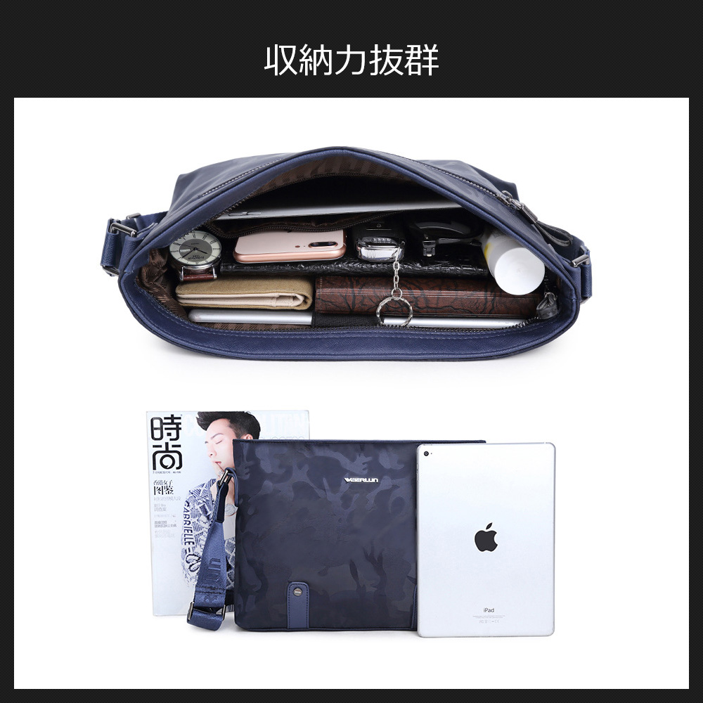 Whatnaショルダーバッグ メンズ メッセンジャーバッグ 頑丈 薄い 超軽量 横型 縦型 A4 B5 11インチipadpro収納可 オックスフォード布 防水 耐磨耗 ビジネスバッグ 小さい 斜めがけ バッグ 男性用 紳士用 黒 ブルー 2