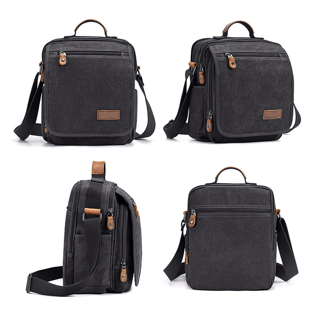 Whatnaショルダーバッグ メンズ 2way 斜め掛け 手提げ 8枚カード収納 厚手キャンバス 帆布 ipad10.5収納可 縦型 小さめ メッセンジャーバッグ 通学 通勤バッグ実用 自転車かばん プレゼント男性 黒 ブラウン(A0057) 2