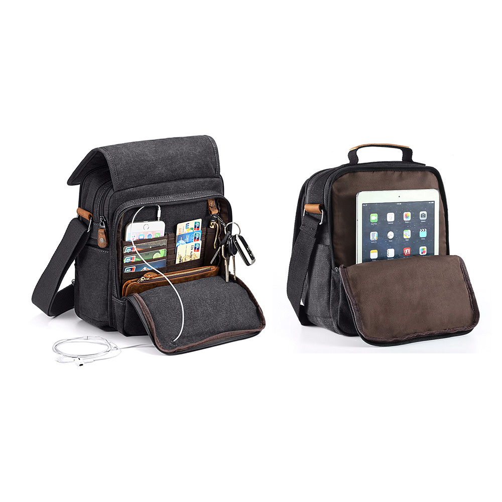 Whatnaショルダーバッグ メンズ 2way 斜め掛け 手提げ 8枚カード収納 厚手キャンバス 帆布 ipad10.5収納可 縦型 小さめ メッセンジャーバッグ 通学 通勤バッグ実用 自転車かばん プレゼント男性 黒 ブラウン(A0057) 4