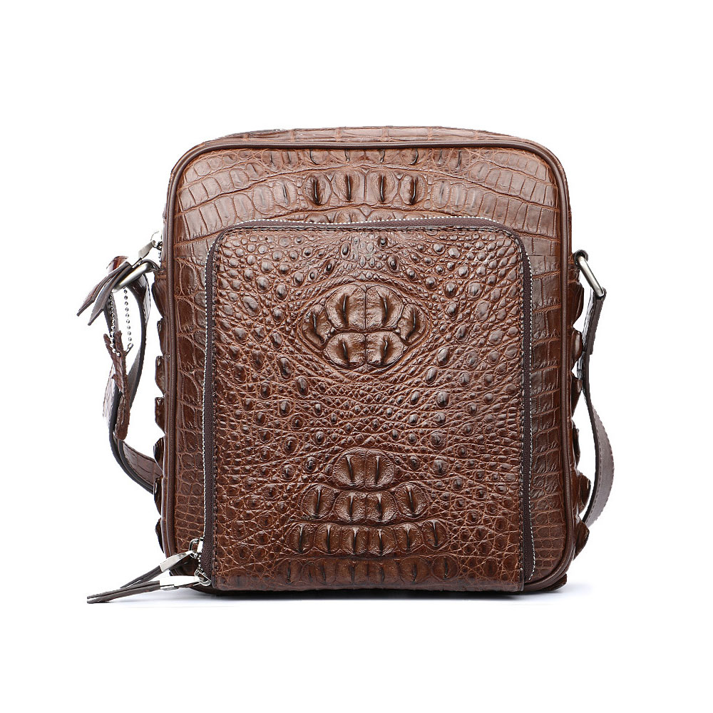 Whatna ワニ革 本革 ショルダーバッグ メンズ メッセンジャーバッグ 縦型 小さめ ビジネスバッグ 9.7インチipad収納可 クロコダイル革 本皮 通勤 通学 斜めがけバッグ かばん男性用 ブラウン 黒(1001) 1