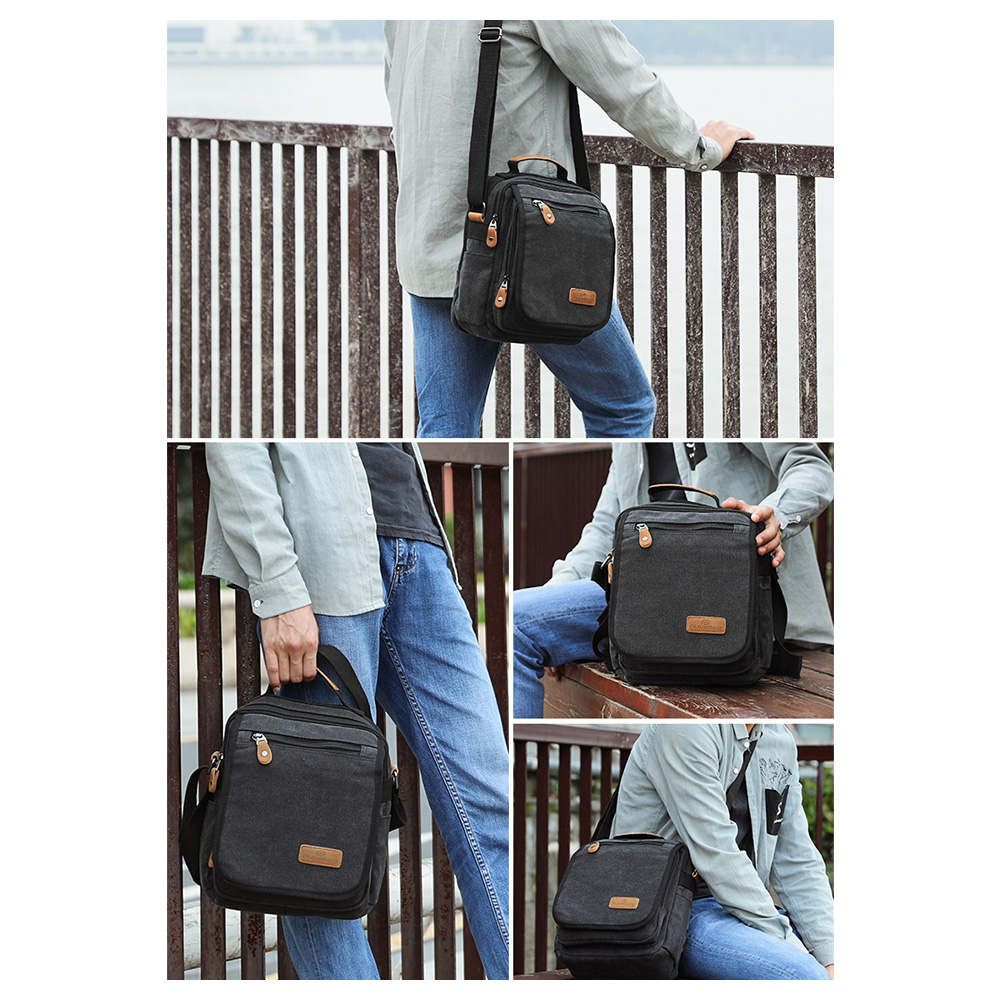 Whatnaショルダーバッグ メンズ 2way 斜め掛け 手提げ 8枚カード収納 厚手キャンバス 帆布 ipad10.5収納可 縦型 小さめ メッセンジャーバッグ 通学 通勤バッグ実用 自転車かばん プレゼント男性 黒 ブラウン(A0057) 5