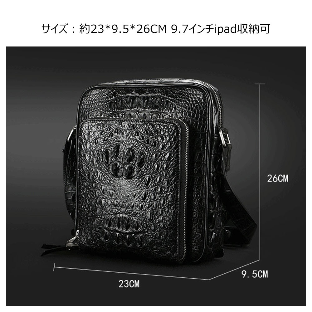 Whatna ワニ革 本革 ショルダーバッグ メンズ メッセンジャーバッグ 縦型 小さめ ビジネスバッグ 9.7インチipad収納可 クロコダイル革 本皮 通勤 通学 斜めがけバッグ かばん男性用 ブラウン 黒(1001) 3