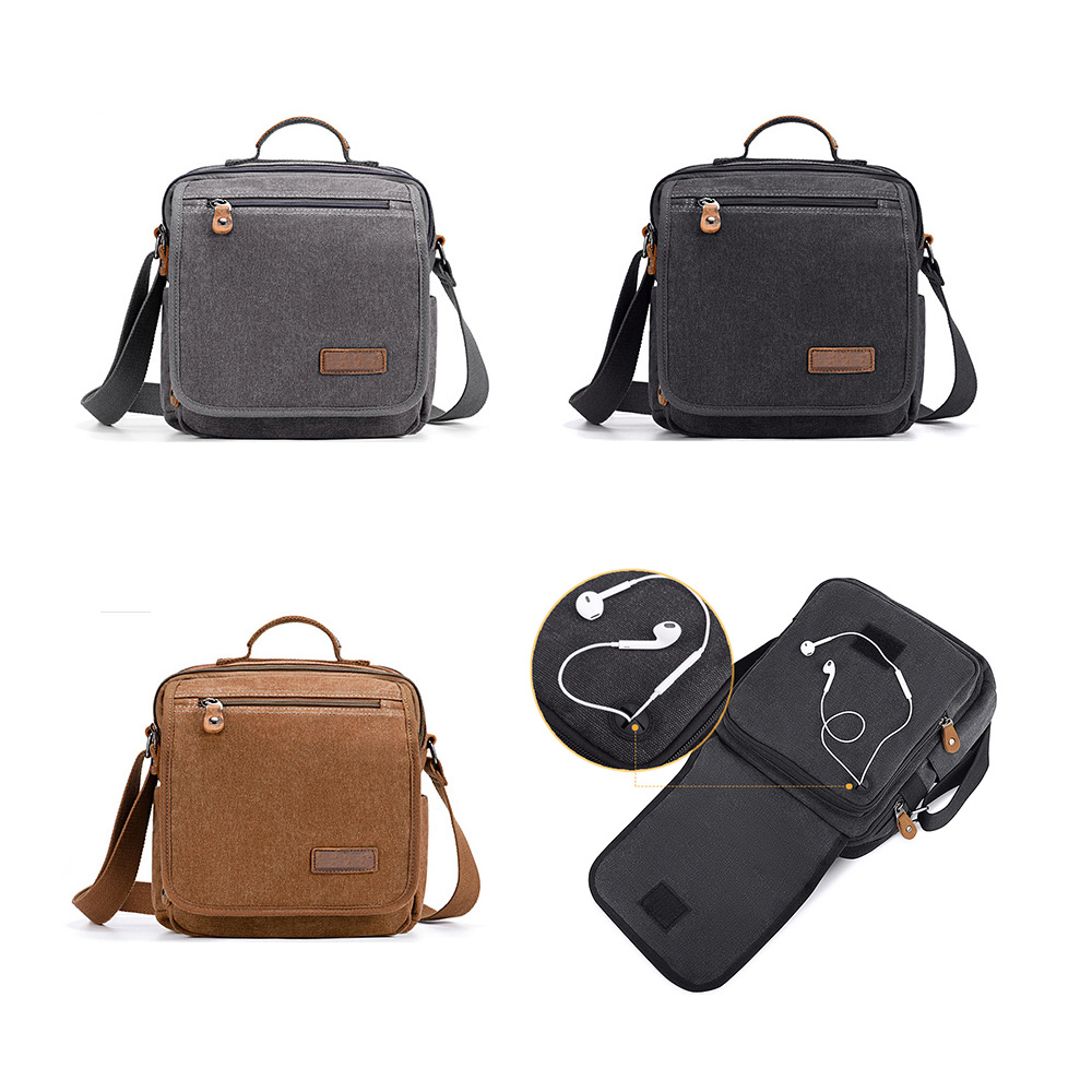 Whatnaショルダーバッグ メンズ 2way 斜め掛け 手提げ 8枚カード収納 厚手キャンバス 帆布 ipad10.5収納可 縦型 小さめ メッセンジャーバッグ 通学 通勤バッグ実用 自転車かばん プレゼント男性 黒 ブラウン(A0057) 0