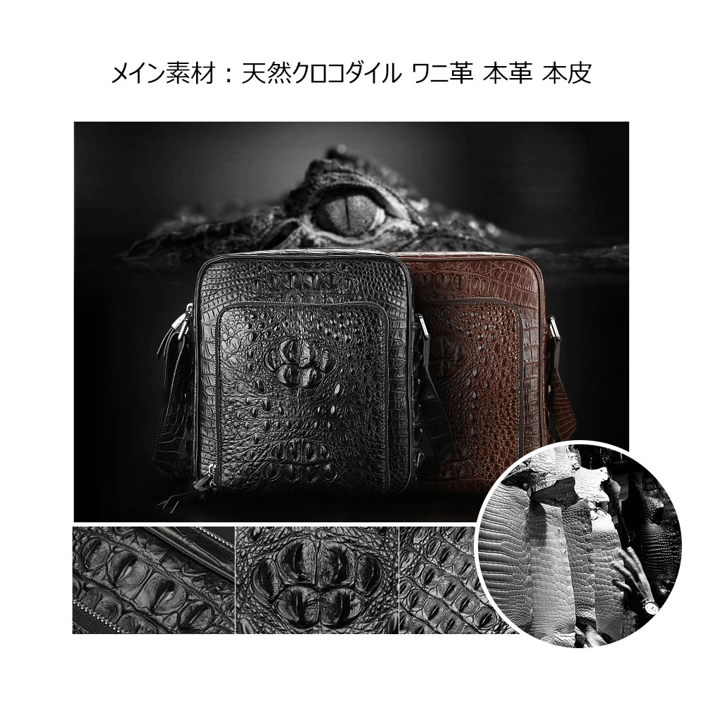 Whatna ワニ革 本革 ショルダーバッグ メンズ メッセンジャーバッグ 縦型 小さめ ビジネスバッグ 9.7インチipad収納可 クロコダイル革 本皮 通勤 通学 斜めがけバッグ かばん男性用 ブラウン 黒(1001) 4