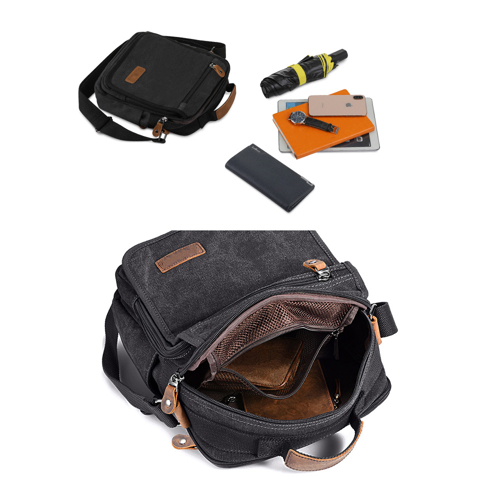 Whatnaショルダーバッグ メンズ 2way 斜め掛け 手提げ 8枚カード収納 厚手キャンバス 帆布 ipad10.5収納可 縦型 小さめ メッセンジャーバッグ 通学 通勤バッグ実用 自転車かばん プレゼント男性 黒 ブラウン(A0057) 3