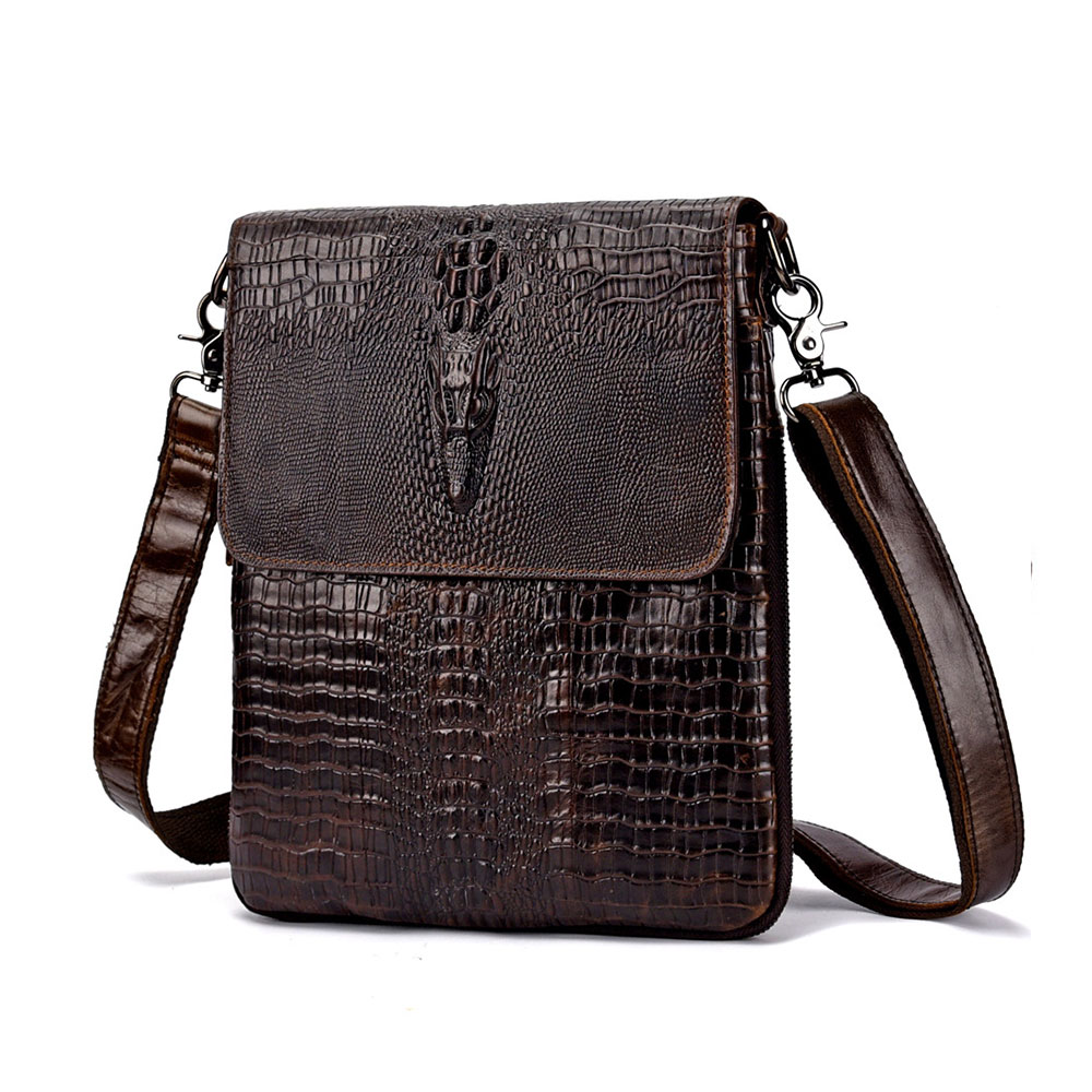 Whatna 牛革 クロコダイル型押しショルダーバッグ メンズ メッセンジャーバッグ 縦型 横型B5 A4 ビジネスバッグ 本革 本皮 通勤 通学 斜めがけバッグ オシャレ な シンプル な 実用 自転車 かばん男性用 ブラウン 0