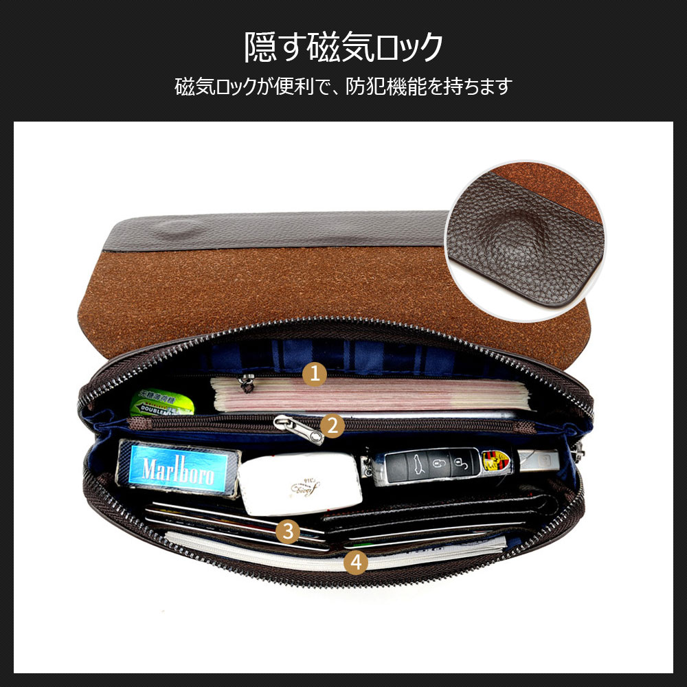 Whatna 2way ミニセカンドバッグ メンズ バッグ 小銭入れあり 6枚カード収納 安全防犯ロック付 盗難防止 小さめ クラッチバッグ 長財布 革 手持ちバッグ メンズ ポーチ 男性用 紳士用 結婚式 冠婚葬祭 黒 ブラウン L1636 4