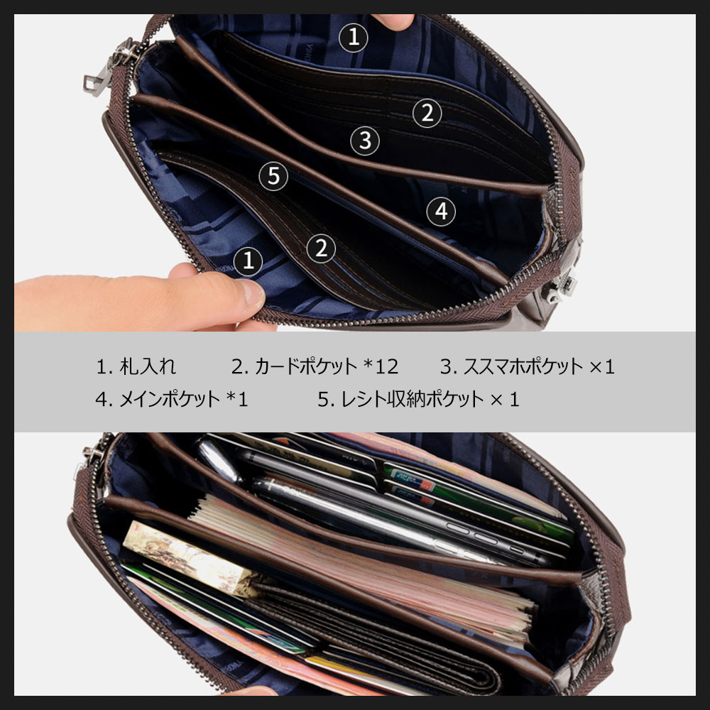 Whatnaミニセカンドバッグ メンズ バッグ 12枚カード収納 パスワードロックボタン 盗難防止 小さめ クラッチバッグ 長財布 革 手持ちバッグ メンズ ポーチ 男性用 紳士用 結婚式 冠婚葬祭 黒 ブラウン L3070 4