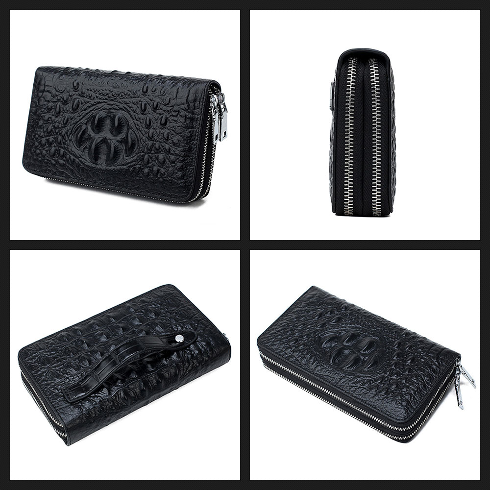 whatna 2way 牛革 クロコダイル型押し ミニセカンドバッグ メンズ バッグ ダブルファスナー 小銭入れ 12枚カード収納 本革 小さめ クラッチバッグ 長財布 手持ちバッグ 男性用 紳士用 結婚式 冠婚葬祭 黒 5