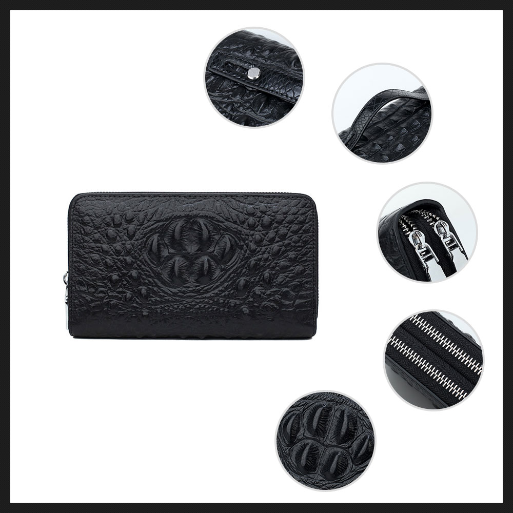 whatna 2way 牛革 クロコダイル型押し ミニセカンドバッグ メンズ バッグ ダブルファスナー 小銭入れ 12枚カード収納 本革 小さめ クラッチバッグ 長財布 手持ちバッグ 男性用 紳士用 結婚式 冠婚葬祭 黒 7