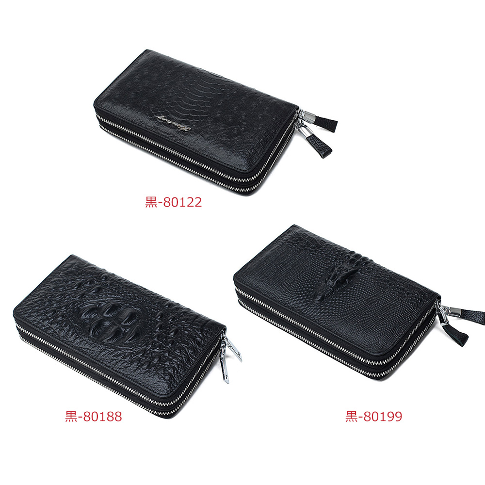 whatna 2way 牛革 クロコダイル型押し ミニセカンドバッグ メンズ バッグ ダブルファスナー 小銭入れ 12枚カード収納 本革 小さめ クラッチバッグ 長財布 手持ちバッグ 男性用 紳士用 結婚式 冠婚葬祭 黒 3