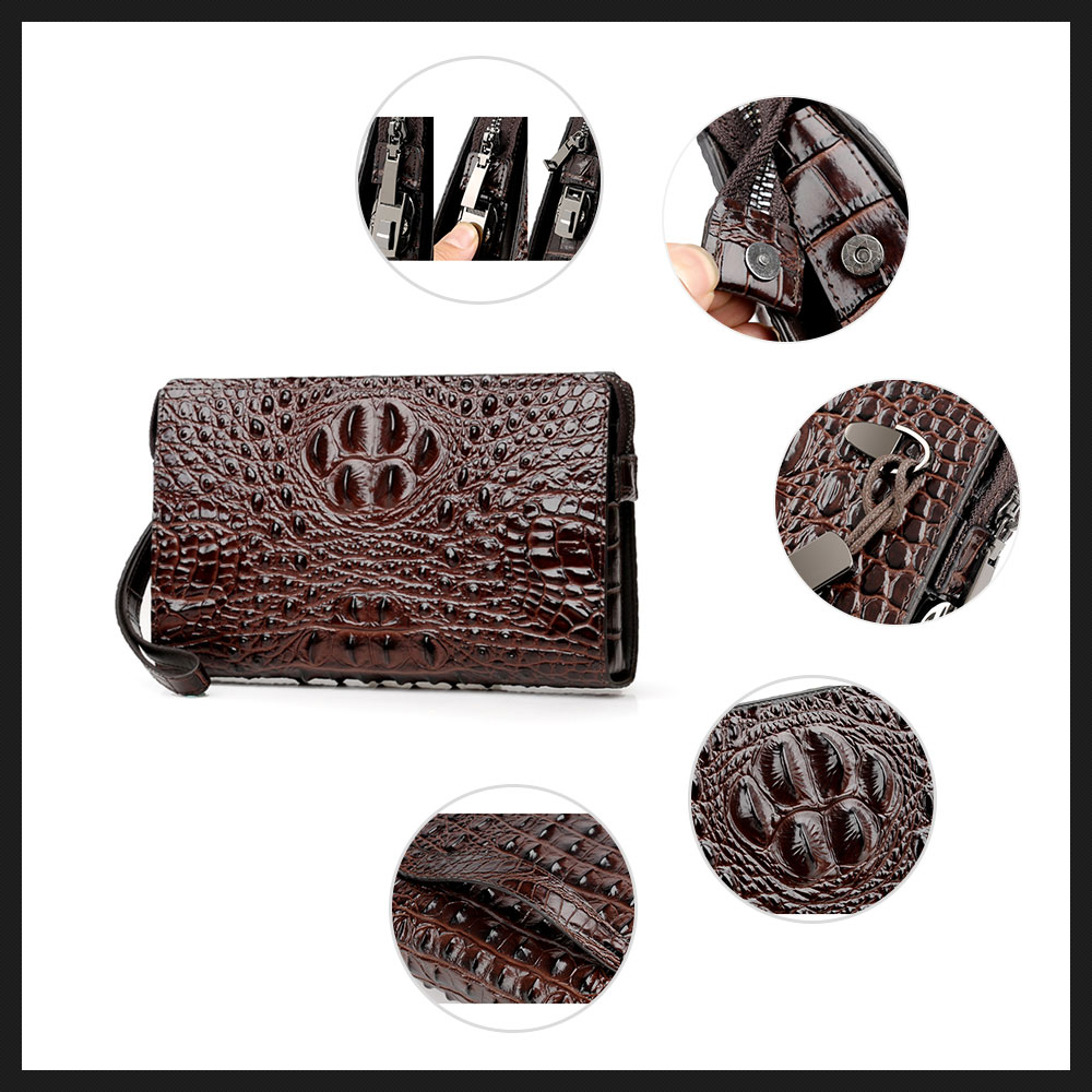 Whatna 2way 牛革 クロコダイル型押しミニセカンドバッグ メンズ バッグ 12枚カード収納 パスワードロックボタン 盗難防止 本革 本皮 小さめ クラッチバッグ 長財布 手持ちバッグ 男性用 紳士用 結婚式 冠婚葬祭 黒 ブラウン L307 7