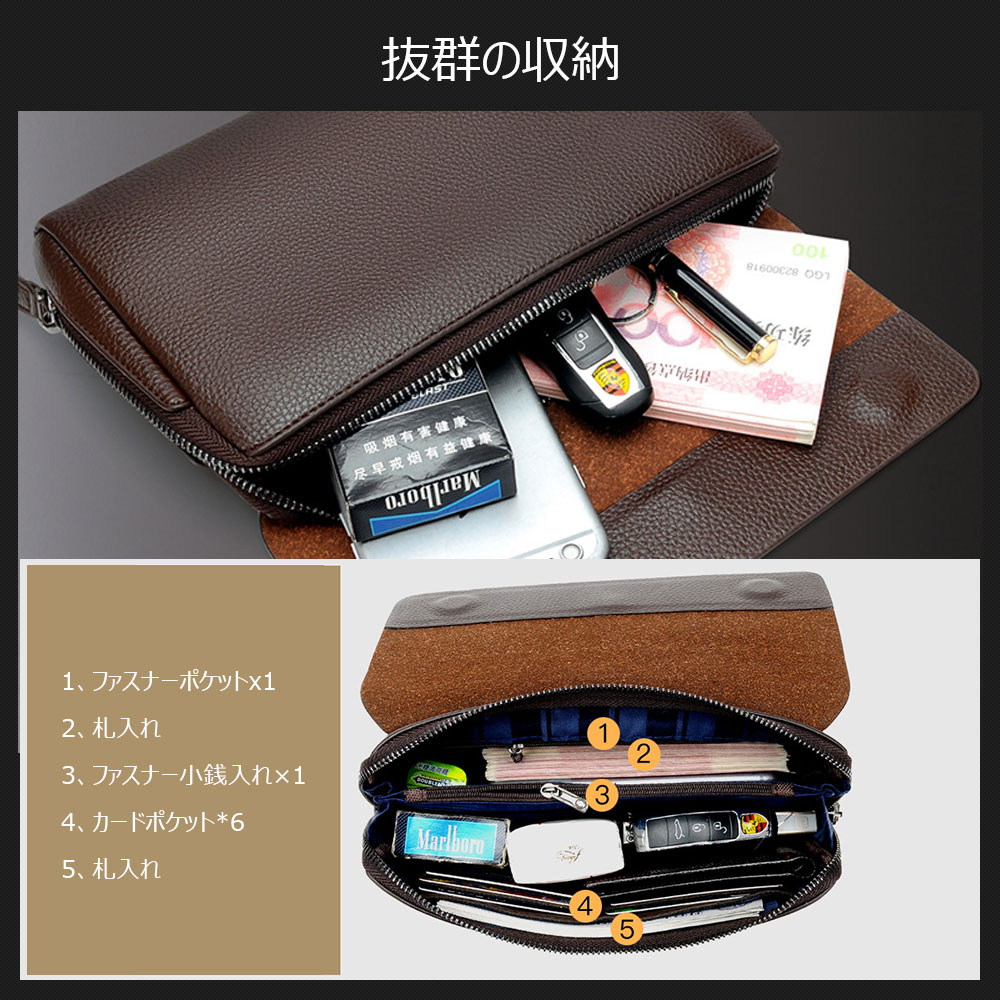 Whatna 2way ミニセカンドバッグ メンズ バッグ 小銭入れあり 6枚カード収納 安全防犯ロック付 盗難防止 小さめ クラッチバッグ 長財布 革 手持ちバッグ メンズ ポーチ 男性用 紳士用 結婚式 冠婚葬祭 黒 ブラウン L1636 3