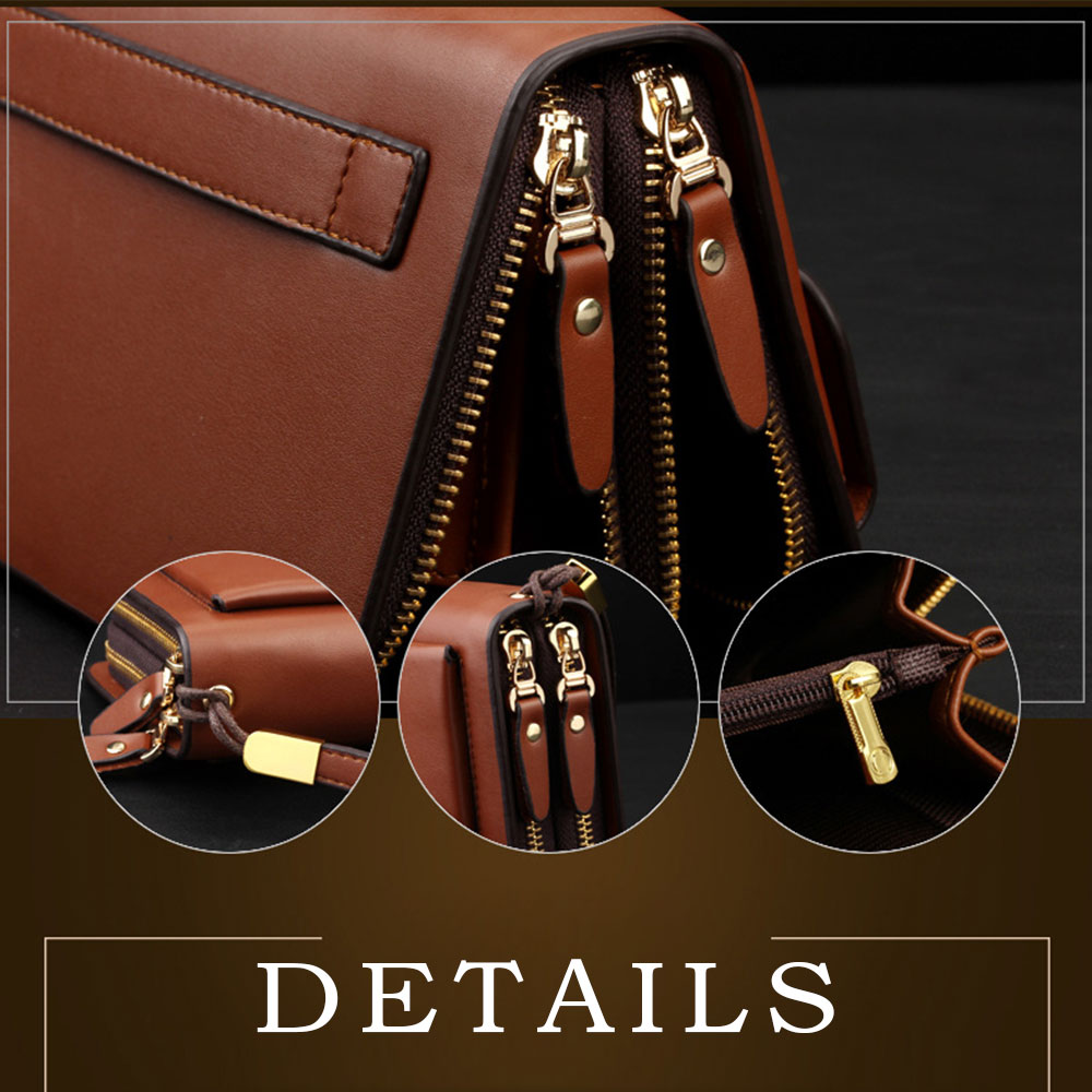 Whatna 2way ミニクラッチバッグ ミニセカンドバッグ メンズ 革 ダブルファスナー 小銭入れあり カード多収納 レザー 長財布 カジュアル フォーマル ビジネス 結婚式 冠婚葬祭 紳士用 男性用 手持ちバッグ セカンドポーチ ブラック 黒 ブラウンA82 4