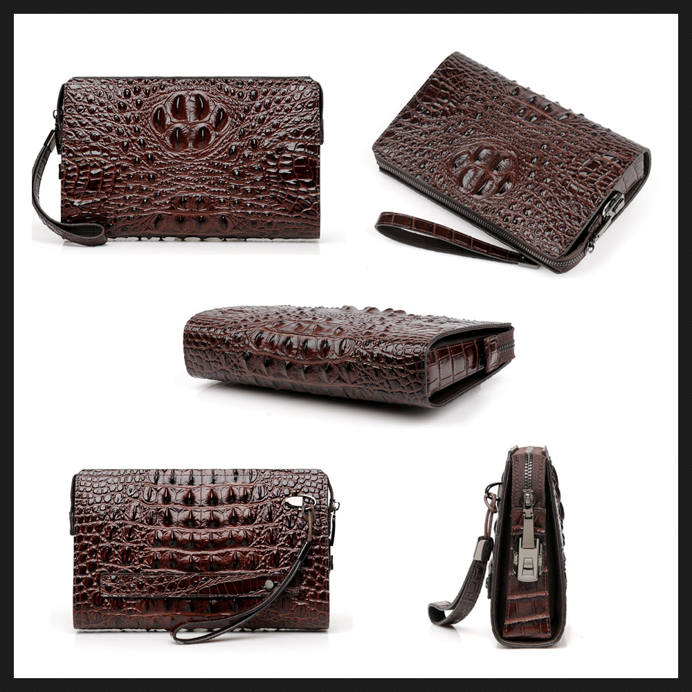 Whatna 2way 牛革 クロコダイル型押しミニセカンドバッグ メンズ バッグ 12枚カード収納 パスワードロックボタン 盗難防止 本革 本皮 小さめ クラッチバッグ 長財布 手持ちバッグ 男性用 紳士用 結婚式 冠婚葬祭 黒 ブラウン L307 2