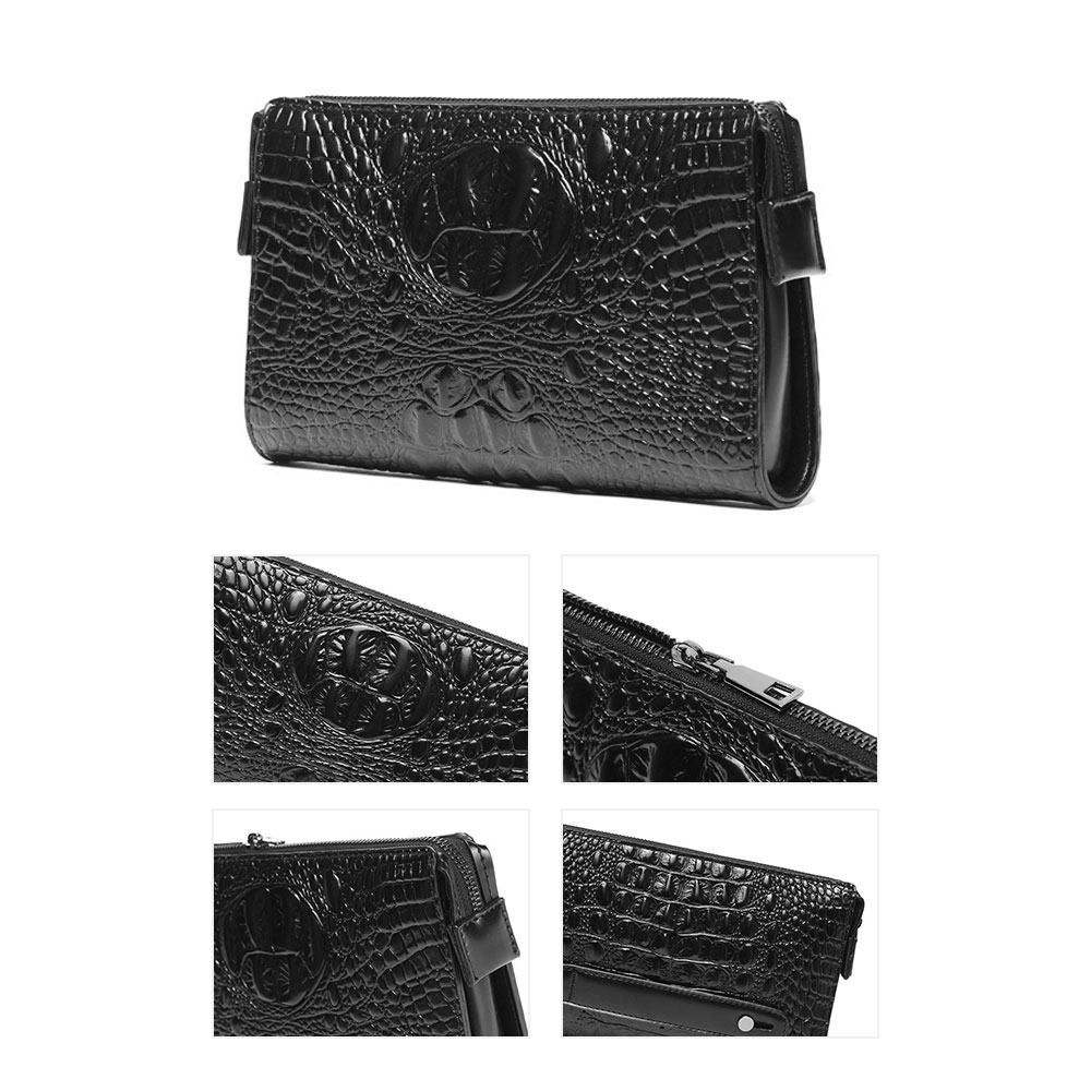 whatnaクロコダイル型押し ミニセカンドバッグ メンズ クラッチ バッグ 小さい 皮 革 小銭入 4枚カード収納 カジュアル フォーマル 冠婚葬祭 結婚式バッグ 紳士用 男性用 黒(8901) 2