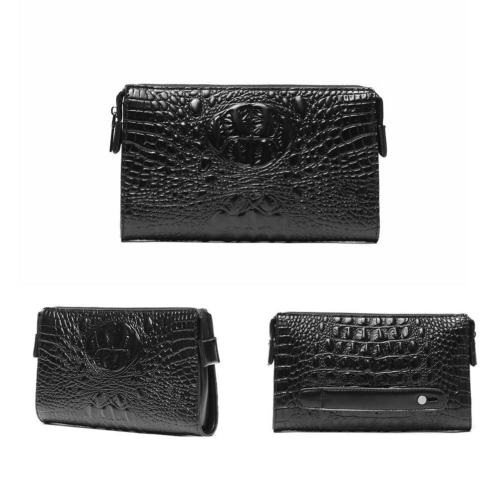 whatnaクロコダイル型押し ミニセカンドバッグ メンズ クラッチ バッグ 小さい 皮 革 小銭入 4枚カード収納 カジュアル フォーマル 冠婚葬祭 結婚式バッグ 紳士用 男性用 黒(8901) 0