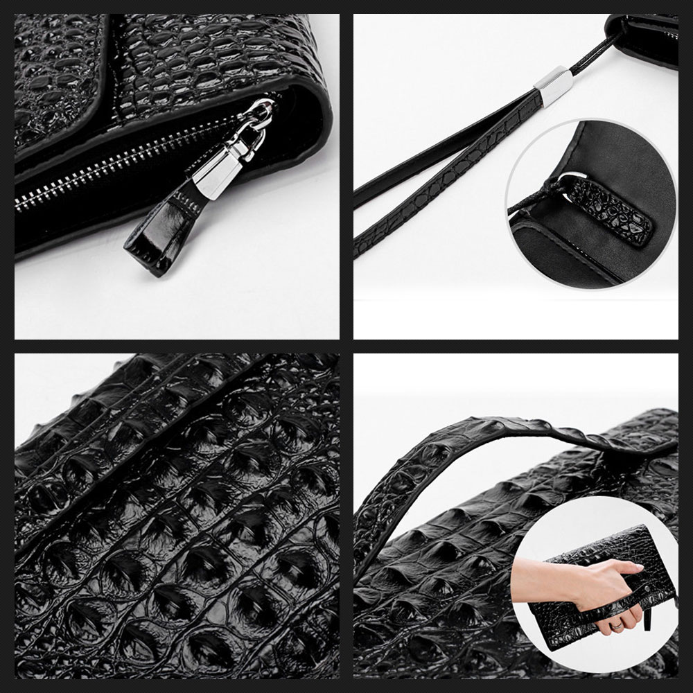 Whatna 2way 革 クロコダイル型押し ミニセカンドバッグ メンズ バッグ 15枚カード収納 長財布 小さめ クラッチバッグ 手持ちバッグ 男性用 紳士用 結婚式 バッグ 冠婚葬祭 黒 ブラウン 696 5