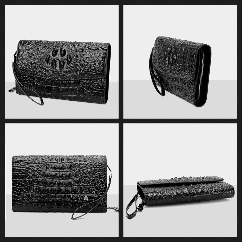 Whatna 2way 革 クロコダイル型押し ミニセカンドバッグ メンズ バッグ 15枚カード収納 長財布 小さめ クラッチバッグ 手持ちバッグ 男性用 紳士用 結婚式 バッグ 冠婚葬祭 黒 ブラウン 696 2