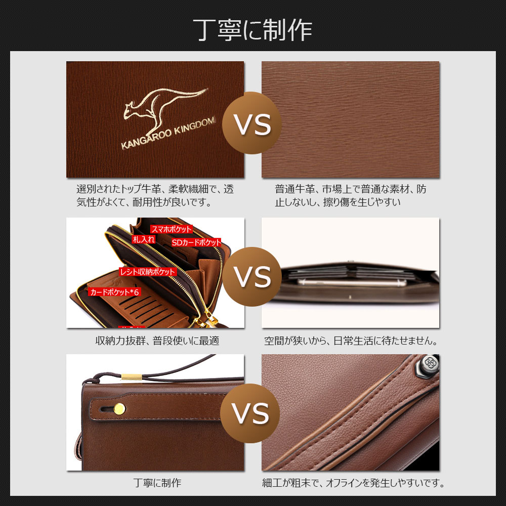 Whatna 2way 牛革 ミニセカンドバッグ メンズ バッグ ダブルファスナー 6枚カード収納 本革 本皮 小さめ クラッチバッグ 長財布 手持ちバッグ 男性用 紳士用 結婚式 冠婚葬祭 バッグ 黒 ブラウン DS-301 7