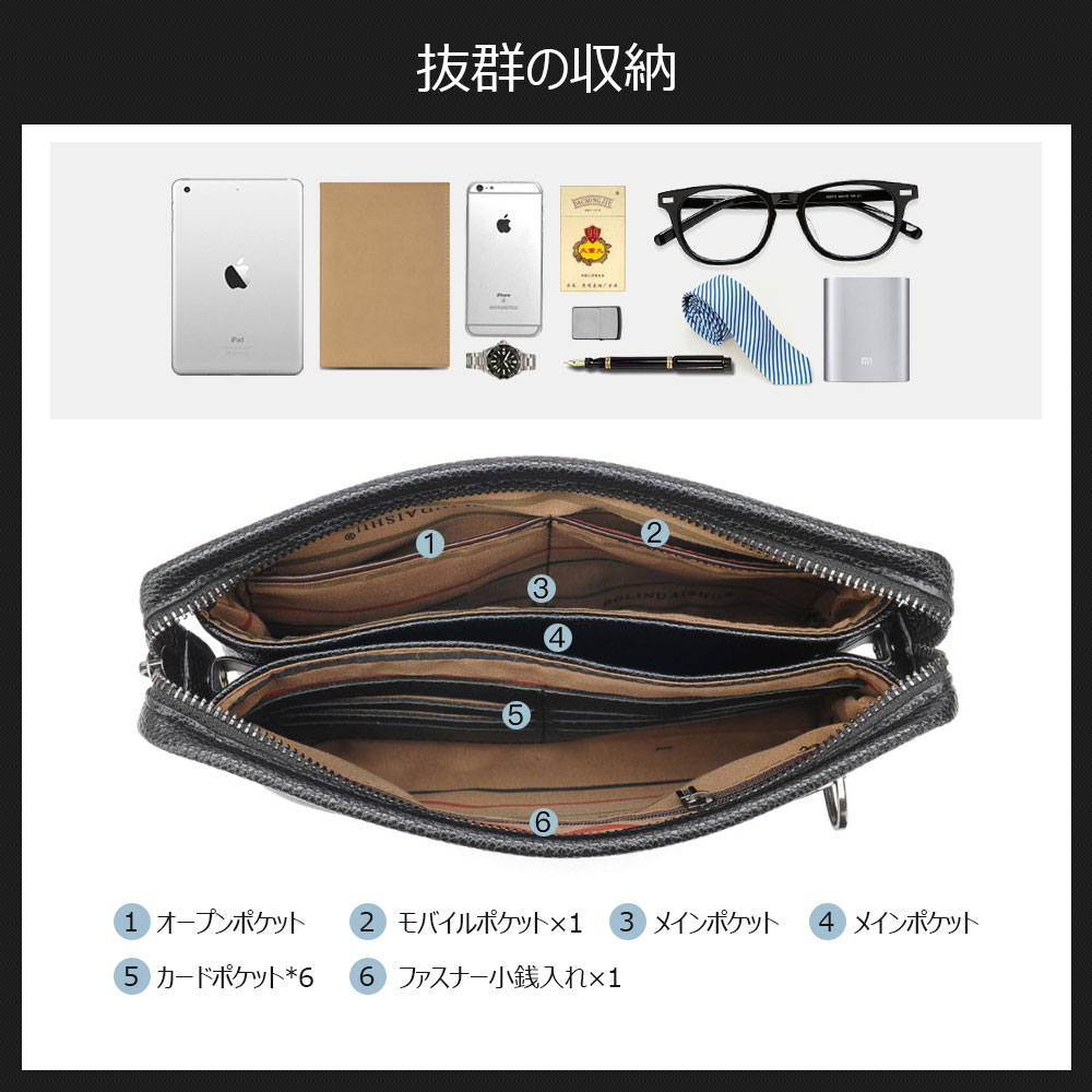 Whatna 2way ミニセカンドバッグ メンズ バッグ 2室仕様 小銭入れあり 6枚カード収納 小さめ クラッチバッグ 長財布 革 手持ちバッグ メンズ ポーチ 男性用 紳士用 結婚式 冠婚葬祭 黒 ブラウン BL888 4