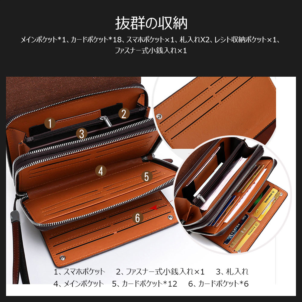 Whatna ミニセカンドバッグ メンズ バッグ 18枚カード収納 小さめ クラッチバッグ 長財布 革 手持ちバッグ メンズ ポーチ 男性用 紳士用 結婚式 冠婚葬祭 黒 ブラウン 1190 6