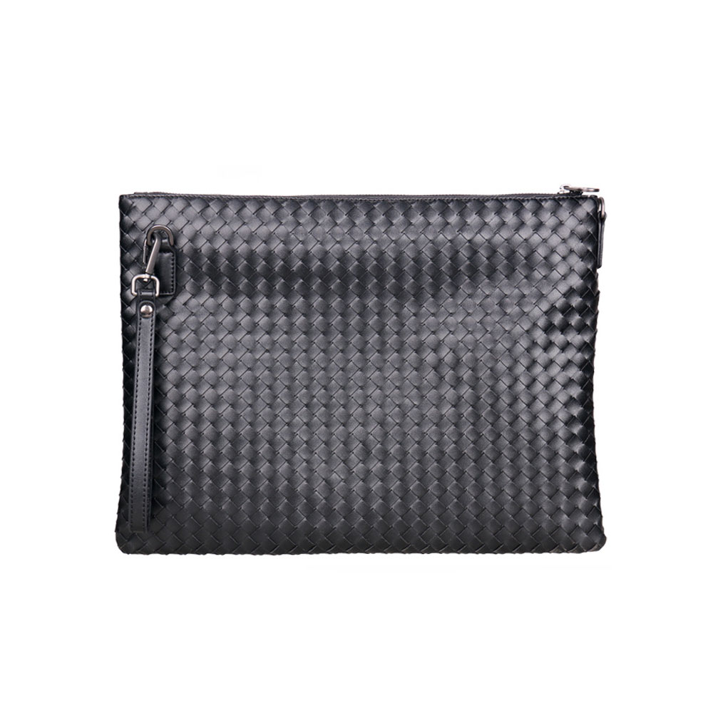 Whatna 手作り編み込み 2way牛革 セカンド バッグ メンズ バッグ [クラッチ ショルダー 肩掛け 結婚式 バッグ]  厚手 本革 大きめ 14インチIPAD A4 ビジネス フォーマル 冠婚葬祭バッグ 紳士用 男性用 黒（3850） 0