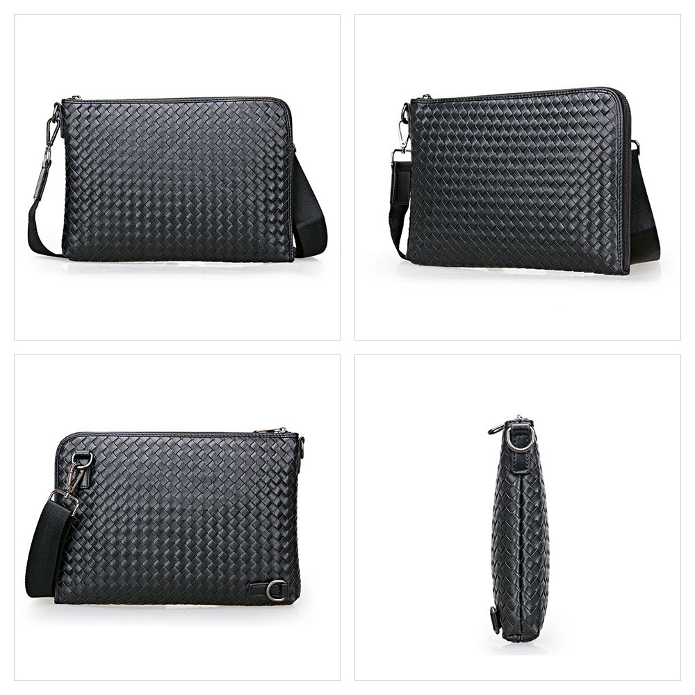 Whatna 手作り編み込み 2way牛革 セカンド バッグ メンズ バッグ [クラッチ ショルダー 肩掛け 結婚式 バッグ]  厚手 本 革 A4 Lファスナー 手持ちバッグ ビジネス フォーマル 冠婚葬祭 バッグ 紳士用 男性用 黒 青（9982-2） 2