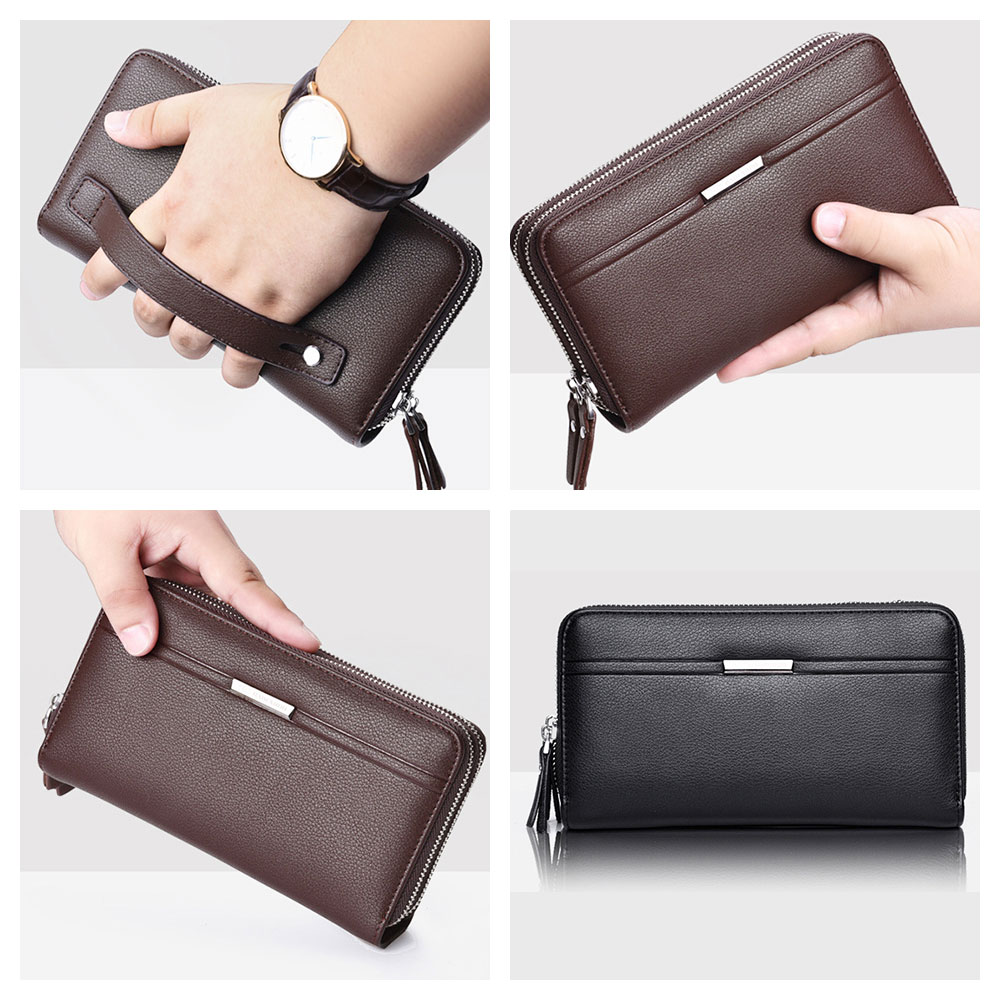 Whatna 2way革 ミニセカンドバッグ メンズ バッグ ダブルファスナー 小銭入れ 7枚カード収納 本 革 厚手 レザー小さめ クラッチバッグ 長財布 手持ちバッグ 男性用 紳士用 結婚式 バッグ 冠婚葬祭 バッグ黒ブラウン 168 9