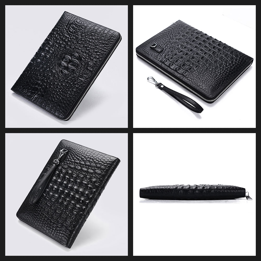 Whatna 2way 牛革 クロコダイル型押し セカンドバッグ メンズ 3室仕切 iPad Pro 10.5収納可 12枚カード収納 厚手 レザー 本革 クラッチ バッグ カジュアル フォーマル 冠婚葬祭 結婚式 バッグ紳士用 男性用 黑 3