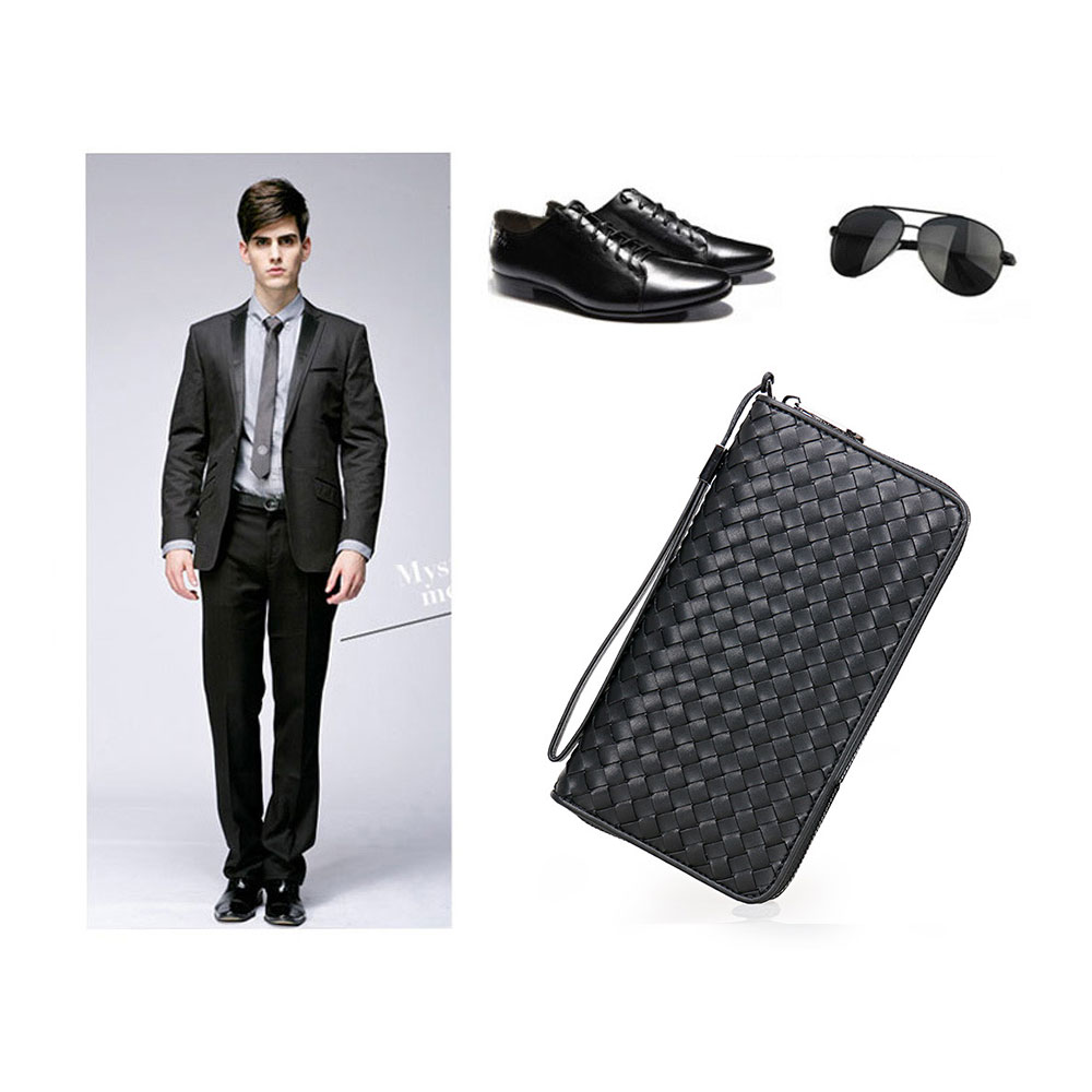 Whatna 2way手作り編み込み 牛革 ミニセカンドバッグ メンズ バッグ12枚カード収納 厚手 本 革本皮 小さめ クラッチバッグ 長財布 手持ちバッグ 男性用 紳士用 結婚式 冠婚葬祭 バッグ 黒  6950-2 6