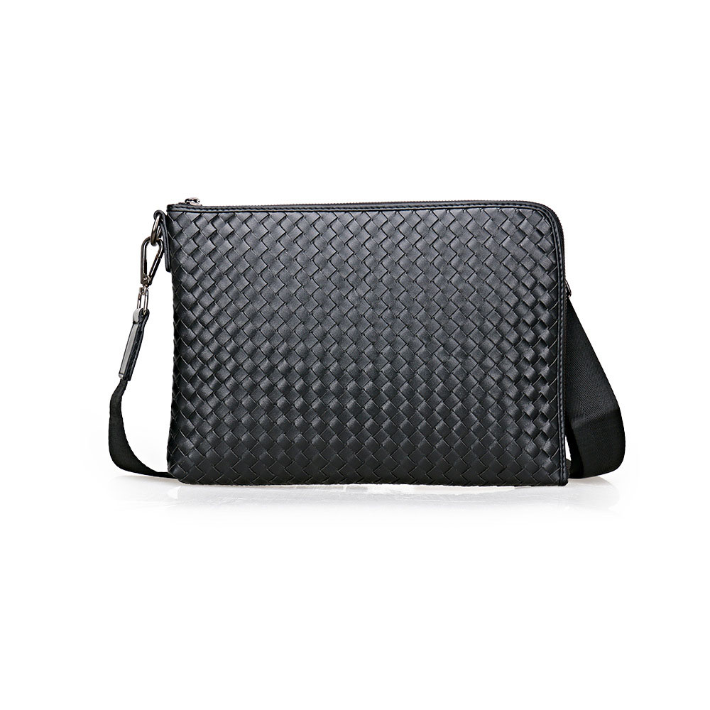 Whatna 手作り編み込み 2way牛革 セカンド バッグ メンズ バッグ [クラッチ ショルダー 肩掛け 結婚式 バッグ]  厚手 本 革 A4 Lファスナー 手持ちバッグ ビジネス フォーマル 冠婚葬祭 バッグ 紳士用 男性用 黒 青（9982-2） 0