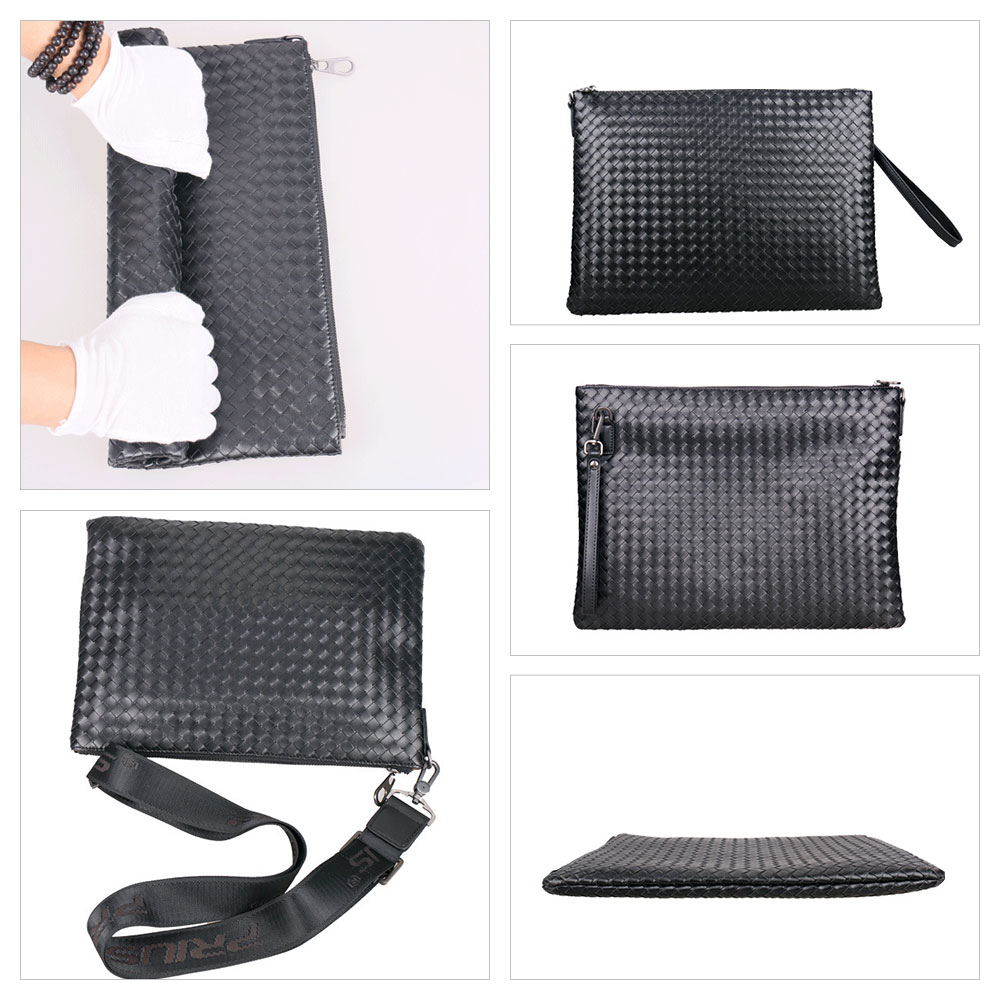 Whatna 手作り編み込み 2way牛革 セカンド バッグ メンズ バッグ [クラッチ ショルダー 肩掛け 結婚式 バッグ]  厚手 本革 大きめ 14インチIPAD A4 ビジネス フォーマル 冠婚葬祭バッグ 紳士用 男性用 黒（3850） 2