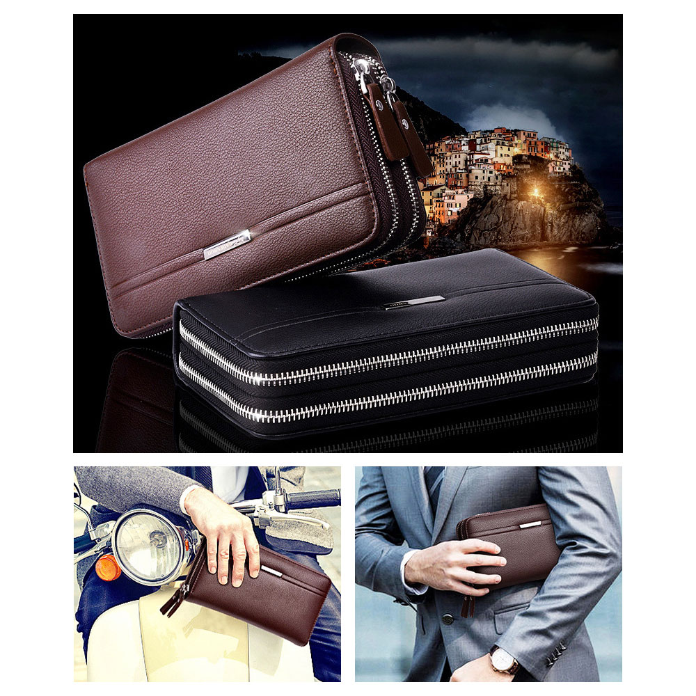 Whatna 2way革 ミニセカンドバッグ メンズ バッグ ダブルファスナー 小銭入れ 7枚カード収納 本 革 厚手 レザー小さめ クラッチバッグ 長財布 手持ちバッグ 男性用 紳士用 結婚式 バッグ 冠婚葬祭 バッグ黒ブラウン 168 8