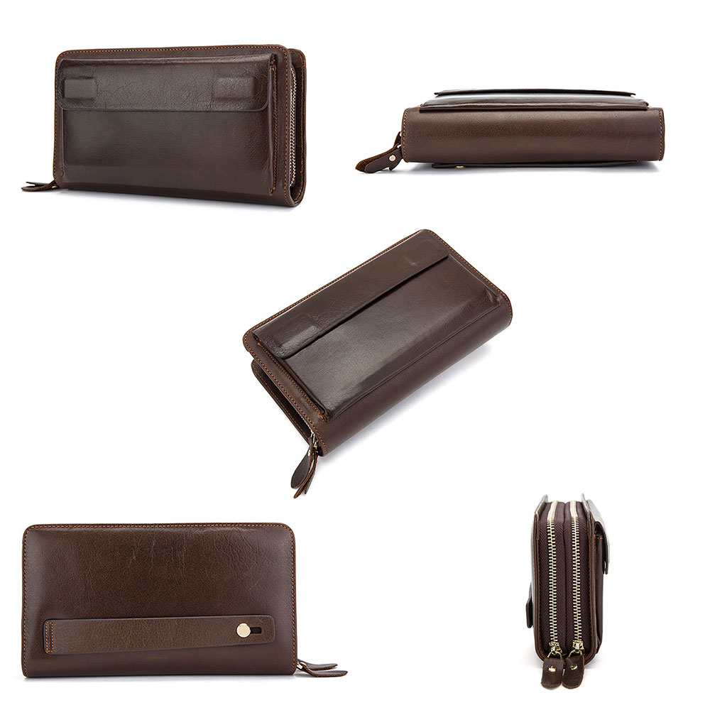 Whatna 2way 牛革 ミニセカンドバッグ メンズ バッグ8枚カード収納 厚手 本革 ダブルファスナー 小さめ クラッチバッグ 長財布 手持ちバッグ 男性用 紳士用 結婚式 冠婚葬祭 バッグ 黒 ブラウン9069-1 3