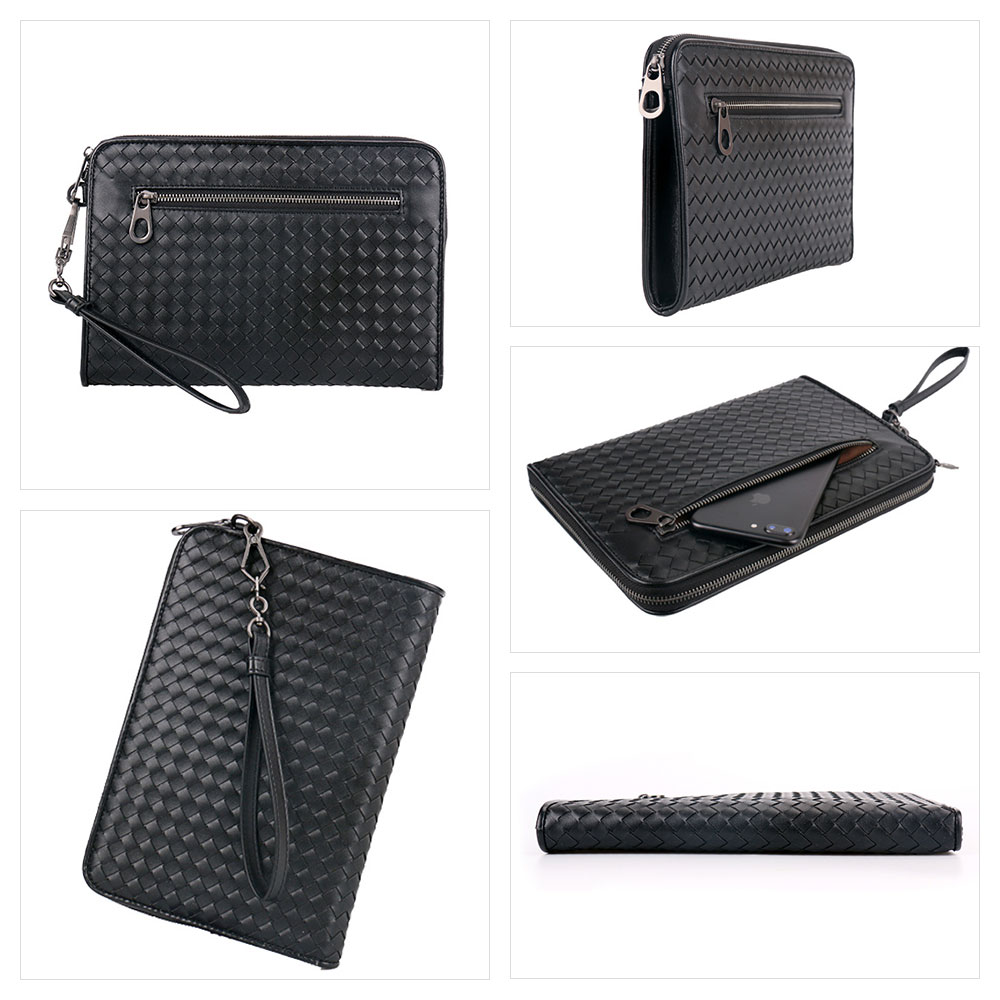 Whatna 2way 牛革 手作り編み込み セカンドバッグ メンズ バッグ クラッチ バッグ 本革 厚手 レザー 10.5 ipad 収納可 手持ちバッグ 結婚式 バッグ フォーマル  ビジネス 冠婚葬祭 バッグ 男性用 紳士用 黒 （B#PR50） 2