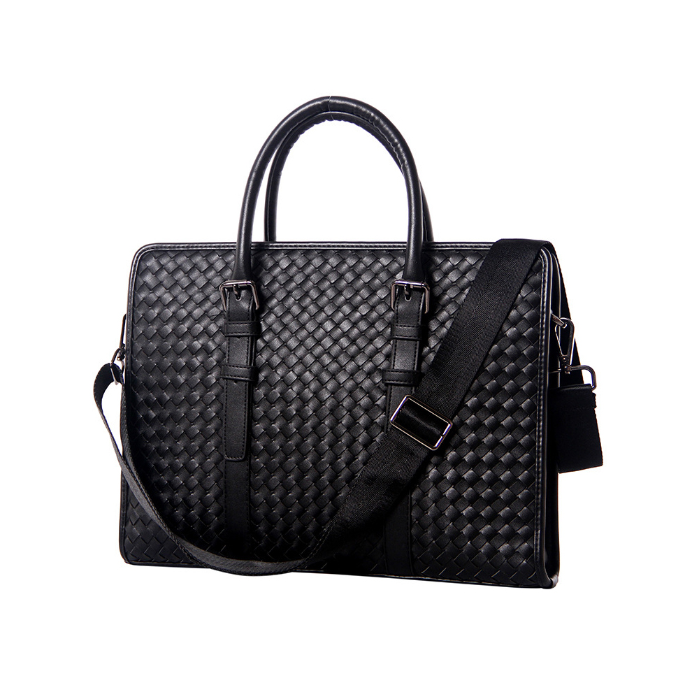 Whatna牛革 手作り編み込み ビジネスバッグメンズ 2WAY 手提げ ショルダー バッグ 厚手 レザー 本 革 A4 15インチ PC収納可 大容量 旅行出 張用 通勤 通学 就活 面接 バッグ かばん 男性用 黒（3878-2） 0