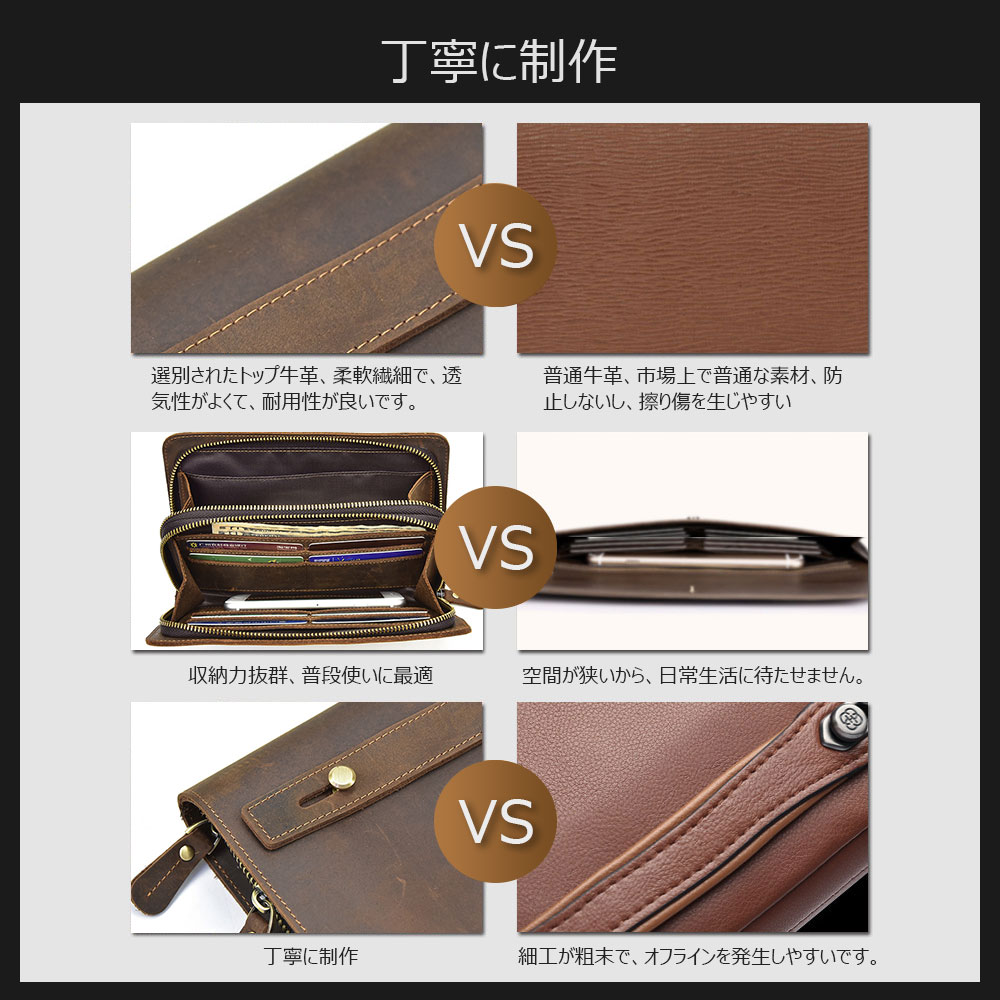 Whatna 2way 牛革 ミニセカンドバッグ メンズ バッグ8枚カード収納 厚 手 本革 ダブルファスナー 小さめ クラッチバッグ 長財布 手持ちバッグ 男性用 紳士用 結婚式 冠婚葬祭 バッグ ブラウンSNQB1005 7